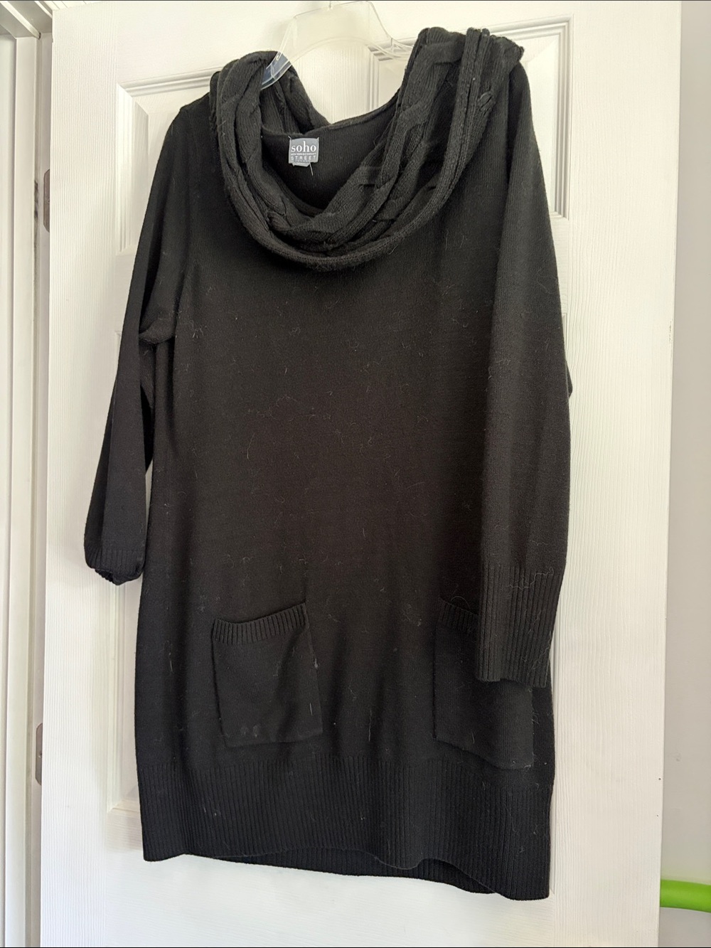 Soho Black Cowl Neck Sweater Dress with Front Pockets
